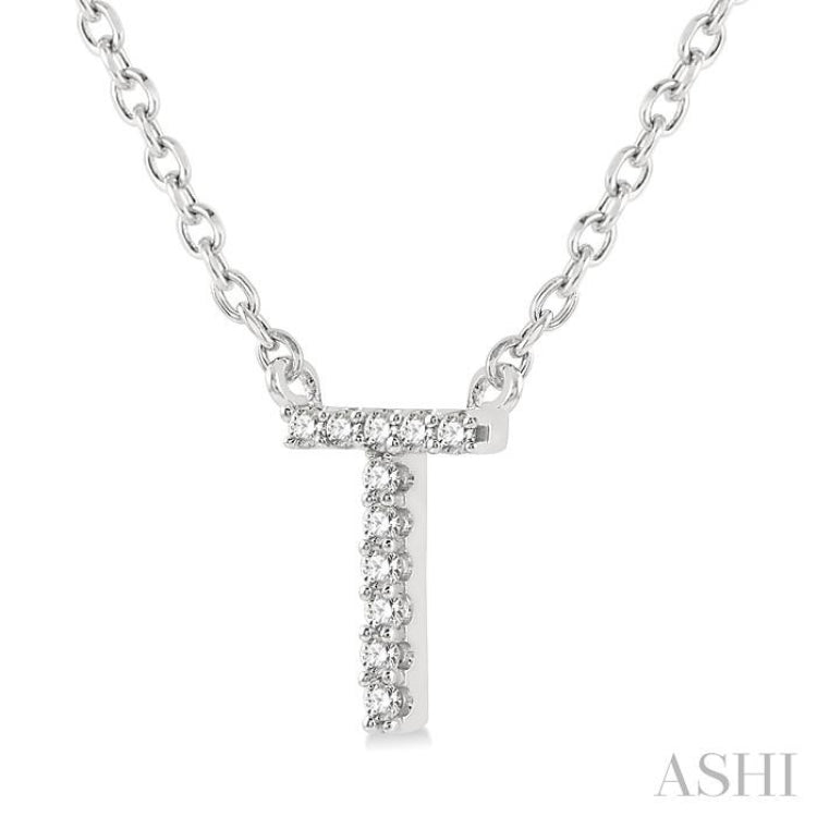 1/20 Ctw Initial 'T' Round Cut Diamond Pendant With Chain in 10K White Gold