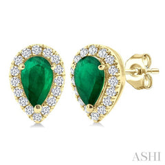 5x3 MM Pear Shape Emerald and 1/8 Ctw Round Cut Diamond Halo Precious Stud Earrings in 10K Yellow Gold