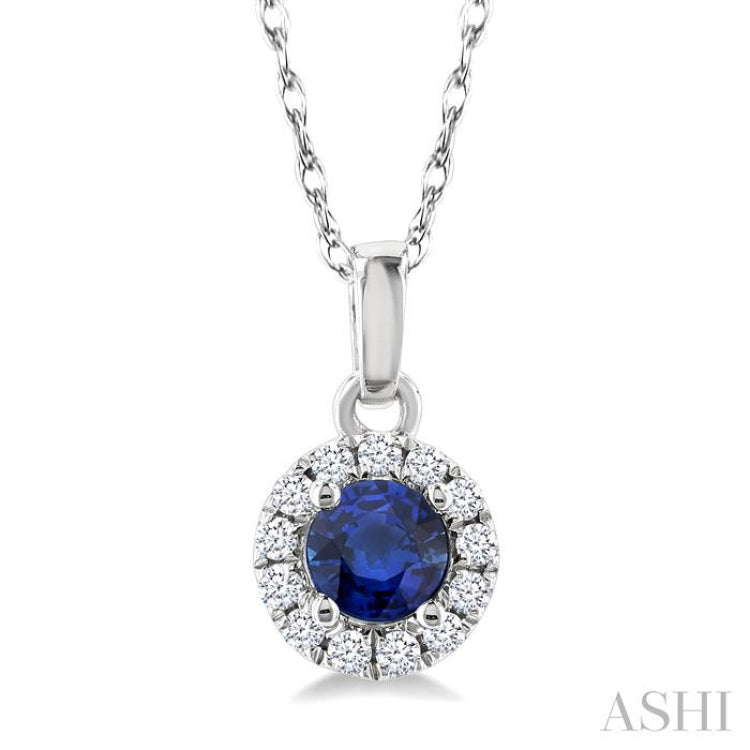 3.25 MM Round Sapphire and 1/20 Ctw Round Cut Diamond Halo Precious Pendant with Chain in 10K White Gold