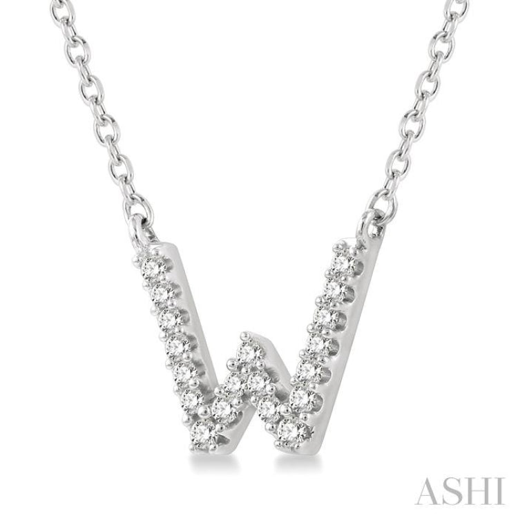 1/20 Ctw Initial 'W' Round Cut Diamond Pendant With Chain in 10K White Gold