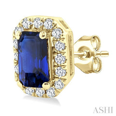 5x3 MM Octagonal Shape Sapphire and 1/8 Ctw Round Cut Diamond Halo Precious Stud Earrings in 14K Yellow Gold