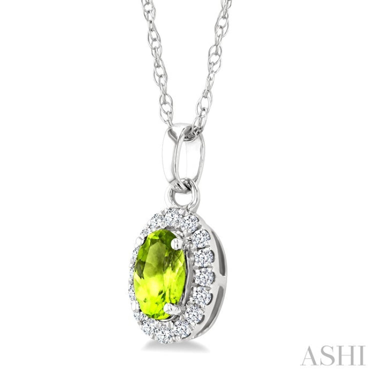 5x3 MM Oval Shape Peridot and 1/20 Ctw Round Cut Diamond Halo Semi-Precious Pendant with Chain in 10K White Gold