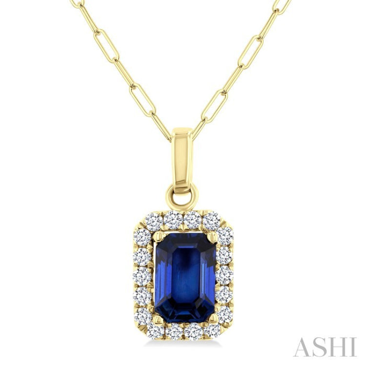 6x4 MM Octagonal Shape Sapphire and 1/6 Ctw Round Cut Diamond Halo Precious Pendant with Chain in 14K Yellow Gold