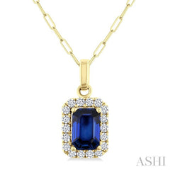 6x4 MM Octagonal Shape Sapphire and 1/6 Ctw Round Cut Diamond Halo Precious Pendant with Chain in 14K Yellow Gold