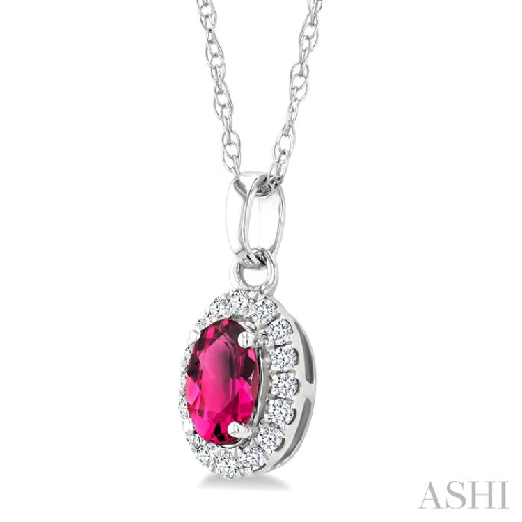 5x3 MM Oval Shape Pink Tourmaline and 1/20 Ctw Round Cut Diamond Halo Semi-Precious Pendant with Chain in 10K White Gold