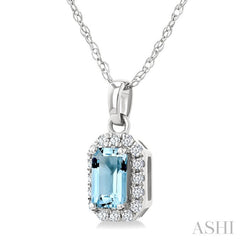 5x3 MM Octagonal Shape Aquamarine and 1/20 Ctw Round Cut Diamond Halo Semi-Precious Pendant with Chain in 10K White Gold