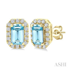 5x3 MM Octagonal Shape Aquamarine and 1/8 Ctw Round Cut Diamond Halo Semi-Precious Stud Earrings in 10K Yellow Gold