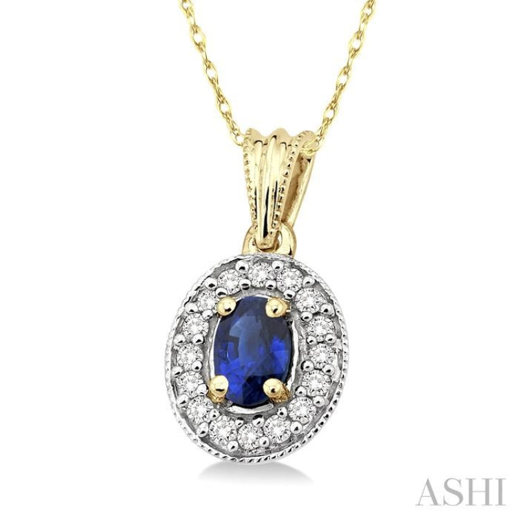 6x4 MM Oval Cut Sapphire and 1/5 Ctw Round Cut Diamond Pendant in 14K Yellow Gold with Chain
