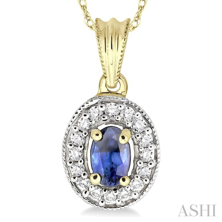 6x4 MM Oval Cut Sapphire and 1/5 Ctw Round Cut Diamond Pendant in 14K Yellow Gold with Chain