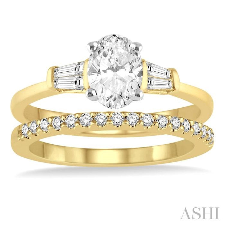 3/4 Ctw Diamond Wedding Set With 5/8 Ctw Baguette & Oval Cut Engagement Ring and 1/6 Ctw Round Cut Diamond Wedding Band in 14K Yellow and White Gold
