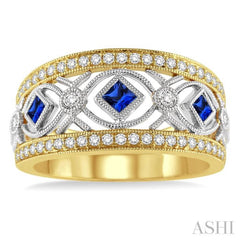 2.2&2.6 MM Princess Cut Sapphire and 1/3 Ctw Round Cut Diamond Precious Band in 14K Yellow and White Gold