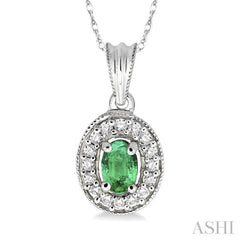 6x4 MM Oval Cut Emerald and 1/5 Ctw Round Cut Diamond Pendant in 14K White Gold with Chain