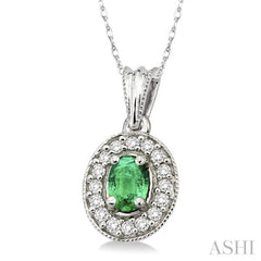 6x4 MM Oval Cut Emerald and 1/5 Ctw Round Cut Diamond Pendant in 14K White Gold with Chain