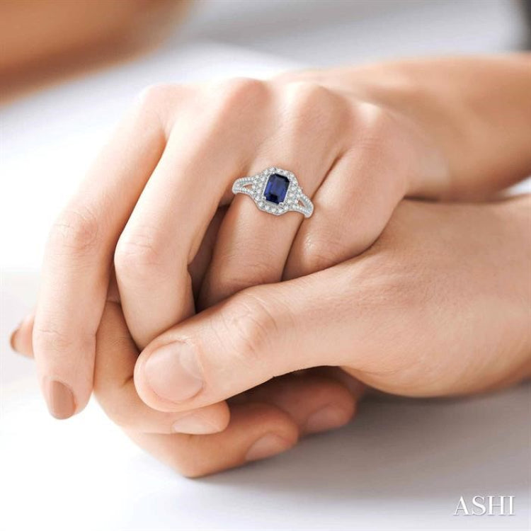7x5 MM Emerald Shape Sapphire and 1/2 Ctw Round Cut Diamond Precious Ring in 14K White Gold