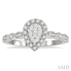 1/3 Ctw Lattice Pear Shape Lovebright Round Cut Diamond Engagement Ring in 14K White Gold