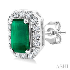 5x3 MM Octagonal Shape Emerald and 1/8 Ctw Round Cut Diamond Halo Precious Stud Earrings in 10K White Gold
