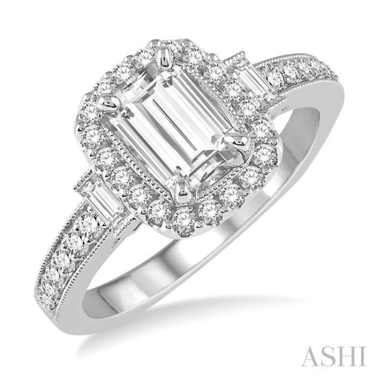 7/8 Ctw Diamond Engagement Ring with 1/2 Ct Octagon Cut Center Diamond in 14K White Gold