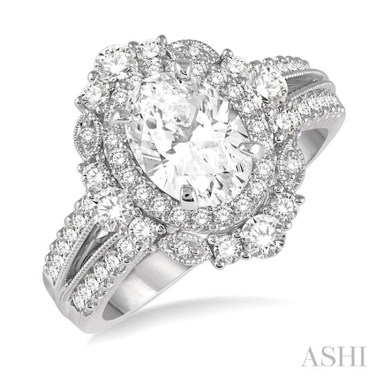 7/8 Ctw Oval Round Cut Diamond Semi-Mount Engagement Ring in 14K White Gold