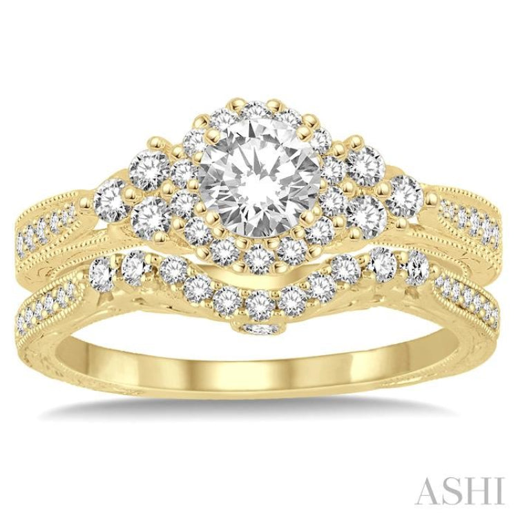 7/8 Ctw Diamond Wedding Set with 3/4 Ctw Round Cut Engagement Ring and 1/5 Ctw Wedding Band in 14K Yellow Gold