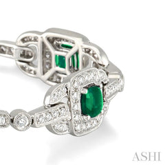 5x5 MM Cushion Cut Emerald and 2 Ctw Round Cut Diamond Precious Bracelet in 14K White Gold