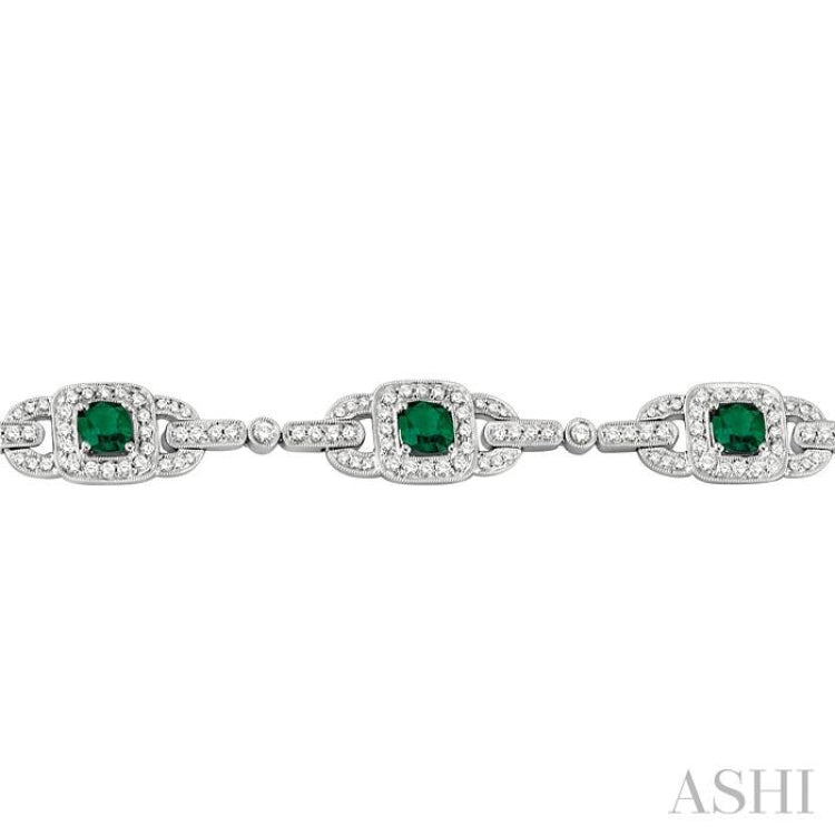 5x5 MM Cushion Cut Emerald and 2 Ctw Round Cut Diamond Precious Bracelet in 14K White Gold