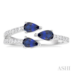 5x3 MM Pear Cut Sapphire and 1/4 Ctw Round Cut Embraced 3-Stone East-West Set Diamond Precious Open Fashion Ring in 14K White Gold