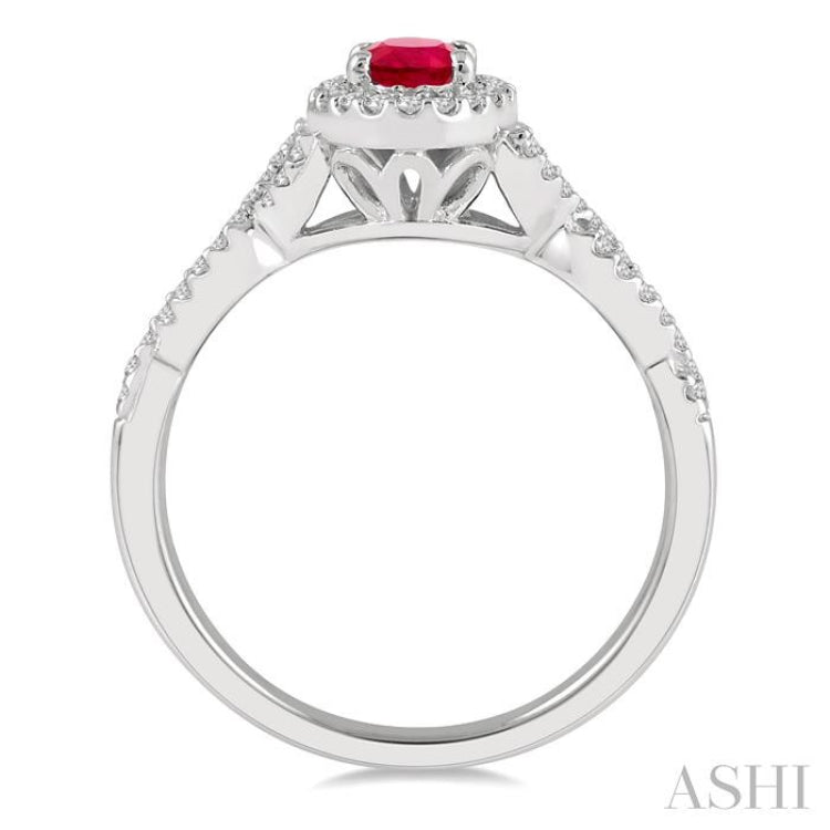 6x4 MM Oval Shape Center Stone Ruby and 1/5 Ctw Split Entwined Shank Round Cut Diamond Precious Ring in 10K White Gold
