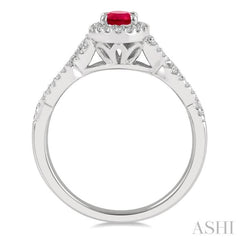 6x4 MM Oval Shape Center Stone Ruby and 1/5 Ctw Split Entwined Shank Round Cut Diamond Precious Ring in 10K White Gold