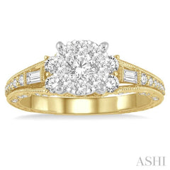 7/8 Ctw Circular Mount Lovebright Round Cut and Baguette Diamond Engagement Ring in 14K Yellow and White Gold
