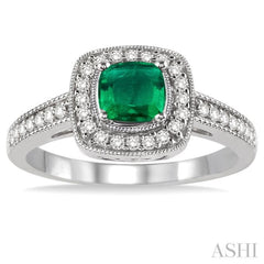 5x5 MM Cushion Shape Emerald and 1/4 Ctw Round Cut Diamond Ring in 14K White Gold