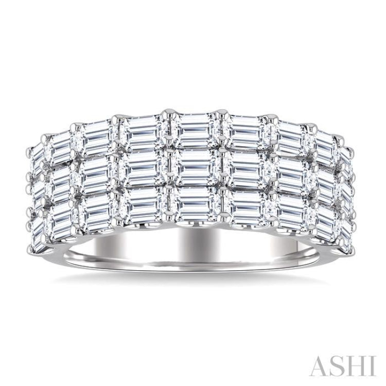 3 Ctw Triple Row Emerald Cut Diamond Fashion Wide Band in 14K White Gold