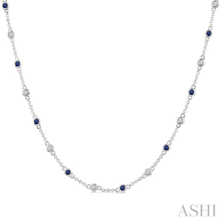 1.90MM Sapphire and 1/2 Ctw Round Cut Diamond Precious Station Necklace in 14K White Gold