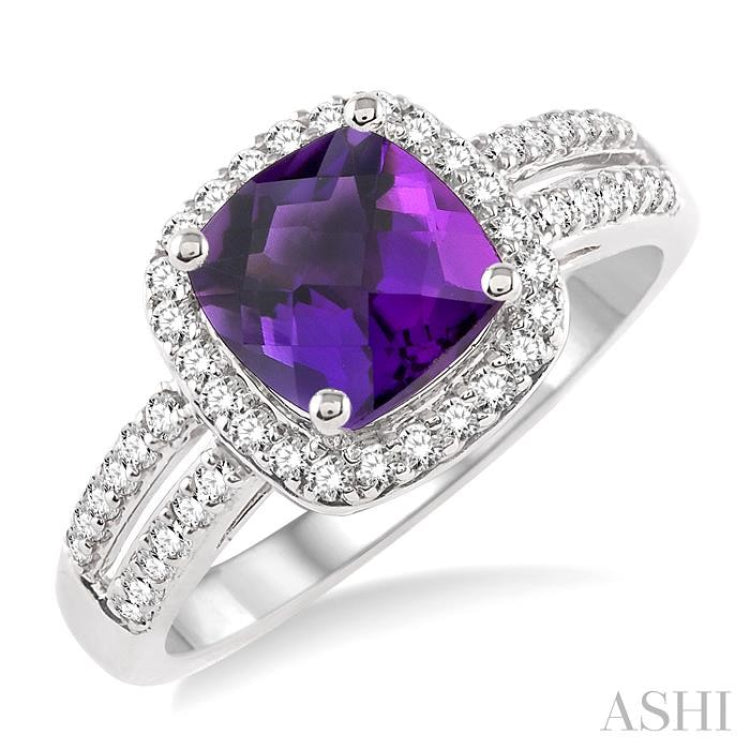 7x7 MM Cushion Shape Amethyst and 1/3 Ctw Round Cut Diamond Ring in 14K White Gold