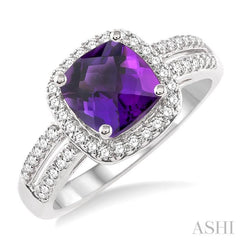 7x7 MM Cushion Shape Amethyst and 1/3 Ctw Round Cut Diamond Ring in 14K White Gold
