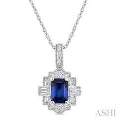 6X4 MM Octagon Shape Sapphire and 1/4 Ctw Round and Baguette Cut Diamond Precious Pendant With Chain in 14K White Gold