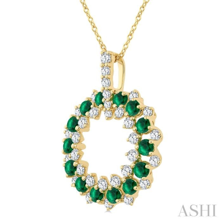 2.5 MM Round Shape Emerald and 3/4 Ctw Round Cut Diamond Triple Row Circle Precious Pendant With Chain in 14K Yellow Gold