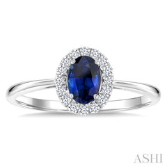6x4 MM Oval Shape Sapphire and 1/6 Ctw Round Cut Diamond Halo Precious Ring in 14K White Gold