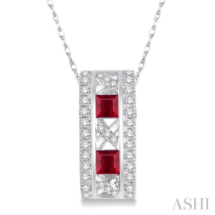 3x3 MM Princess Cut Ruby and 1/5 Ctw Round Cut Diamond Precious Pendant in 14K White Gold with Chain