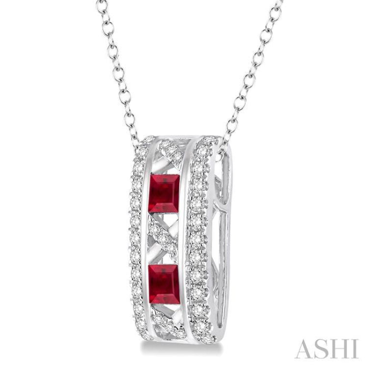 3x3 MM Princess Cut Ruby and 1/5 Ctw Round Cut Diamond Precious Pendant in 14K White Gold with Chain