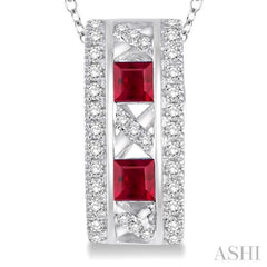 3x3 MM Princess Cut Ruby and 1/5 Ctw Round Cut Diamond Precious Pendant in 14K White Gold with Chain