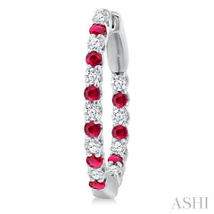 1.8 MM Ruby and 1/2 Ctw Round Cut Inside-Out Diamond Precious Hoop Earrings in 14K White Gold