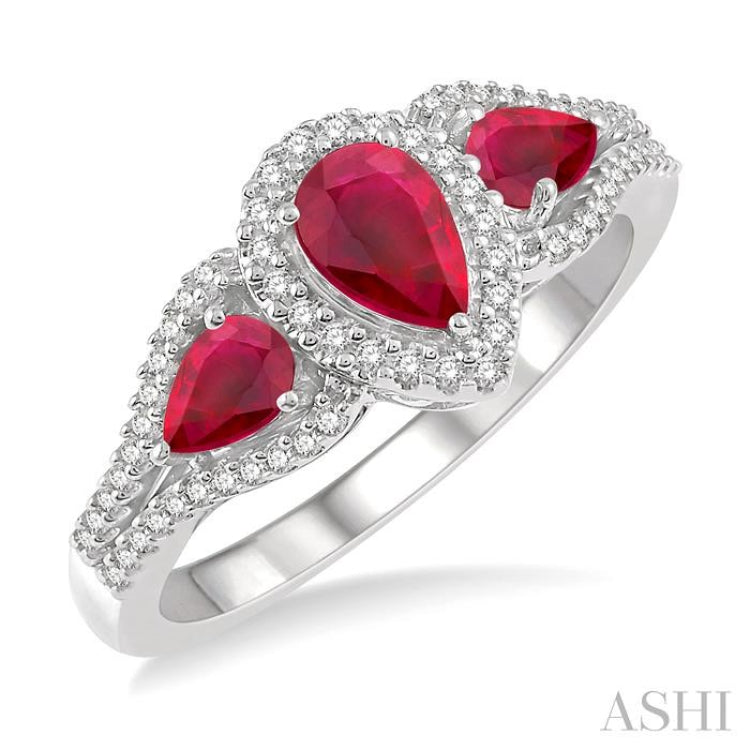 6x4 MM & 5x3 MM Triple Pear Shape Ruby and 1/5 Ctw Round Cut Diamond Precious Ring in 10K White Gold