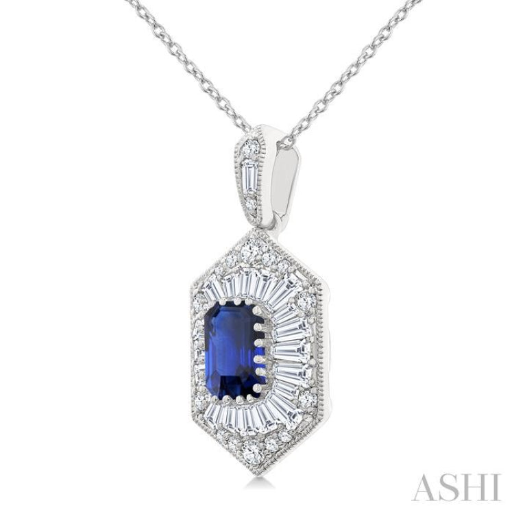 1/2 Ctw Art Deco Hexagon 6X4MM Octagon Shape Sapphire, Baguette and Round Cut Diamond Precious Pendant With Chain in 14K White Gold
