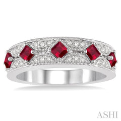 2.5 MM Princess Cut Ruby and 1/6 Ctw Round Cut Diamond Precious Band in 14K White Gold