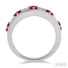 2.5 MM Princess Cut Ruby and 1/6 Ctw Round Cut Diamond Precious Band in 14K White Gold