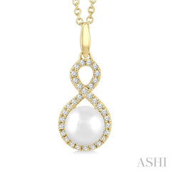 6 MM Cultured Pearl and 1/8 Ctw Round Cut Diamond Petite Fashion Pendant With Chain in 10K Yellow Gold