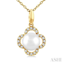 6 MM Cultured Pearl and 1/10 Ctw Round Cut Diamond Clover Petite Fashion Pendant With Chain in 10K Yellow Gold