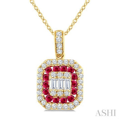 1/4 Ctw Octagonal Shape 1.45MM Ruby, Baguette and Round Cut Diamond Precious Fusion Pendant With Chain in 14K Yellow Gold