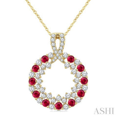 2.3 MM Round Shape Ruby and 3/4 Ctw Round Cut Diamond Precious Circle Pendant With Chain in 14K Yellow Gold