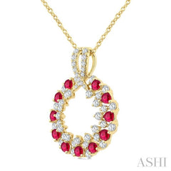 2.3 MM Round Shape Ruby and 3/4 Ctw Round Cut Diamond Precious Circle Pendant With Chain in 14K Yellow Gold